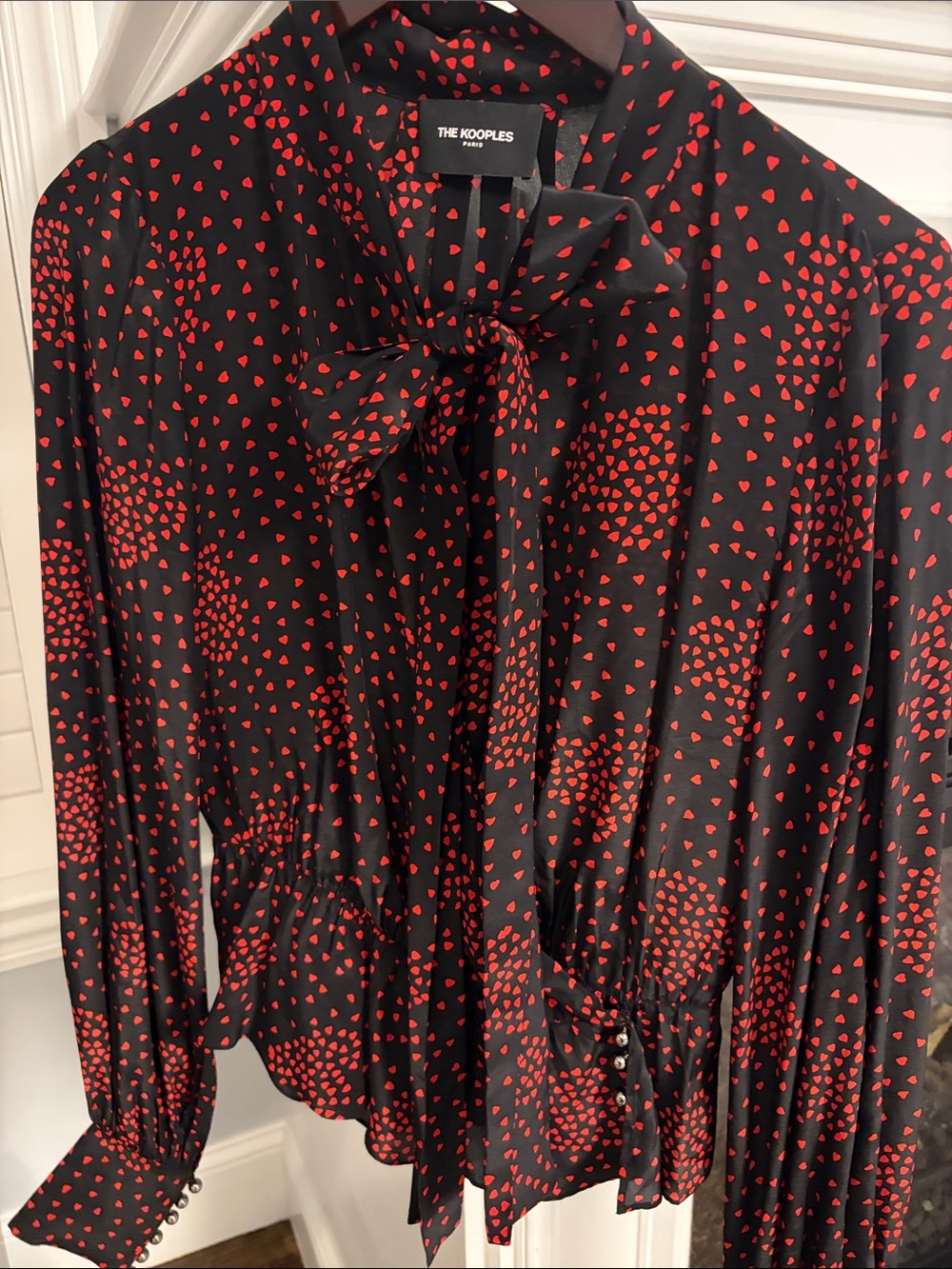 The Kooples Black Blouse with Red Heart Print and Neck Tie